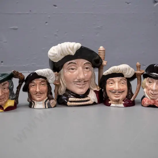 5 small to medium size Royal Doulton character jugs - Pied Piper, Mad Hatter, Athos, Porthos and larger Aramis H-100