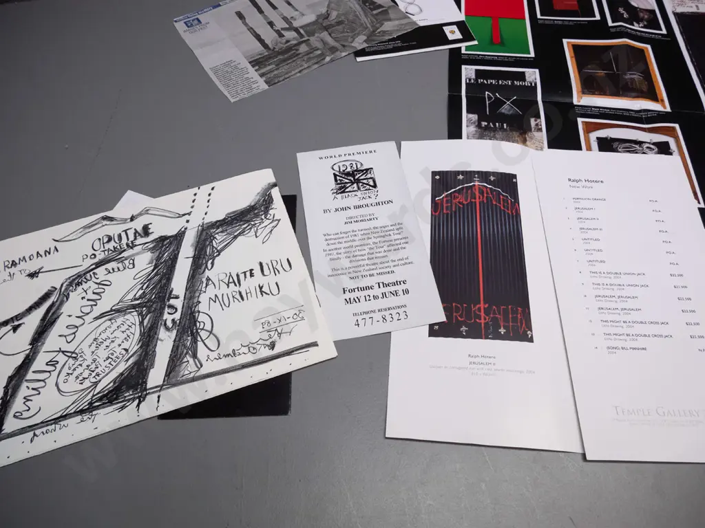 assorted Ralph Hotere ephemera incl. 1990 Preservation of Observation Point fundraiser auction catalogue, 2004 Temple Image 1++
