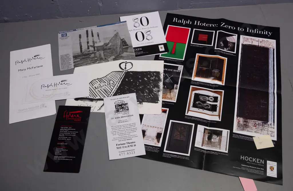 assorted Ralph Hotere ephemera incl. 1990 Preservation of Observation Point fundraiser auction catalogue, 2004 Temple Image 1++