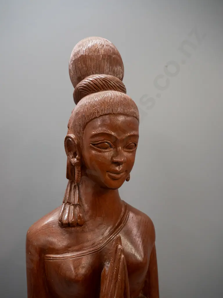 tall asian carved hardwood standing figure - chips and water staining around base H-920 W-180 Image 1++