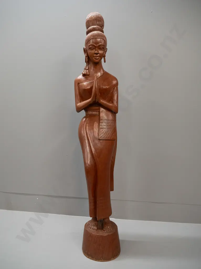tall asian carved hardwood standing figure - chips and water staining around base H-920 W-180 Image 1++