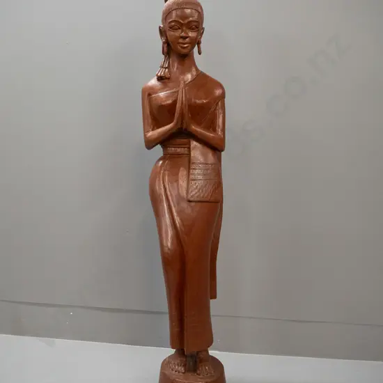 tall asian carved hardwood standing figure - chips and water staining around base H-920 W-180
