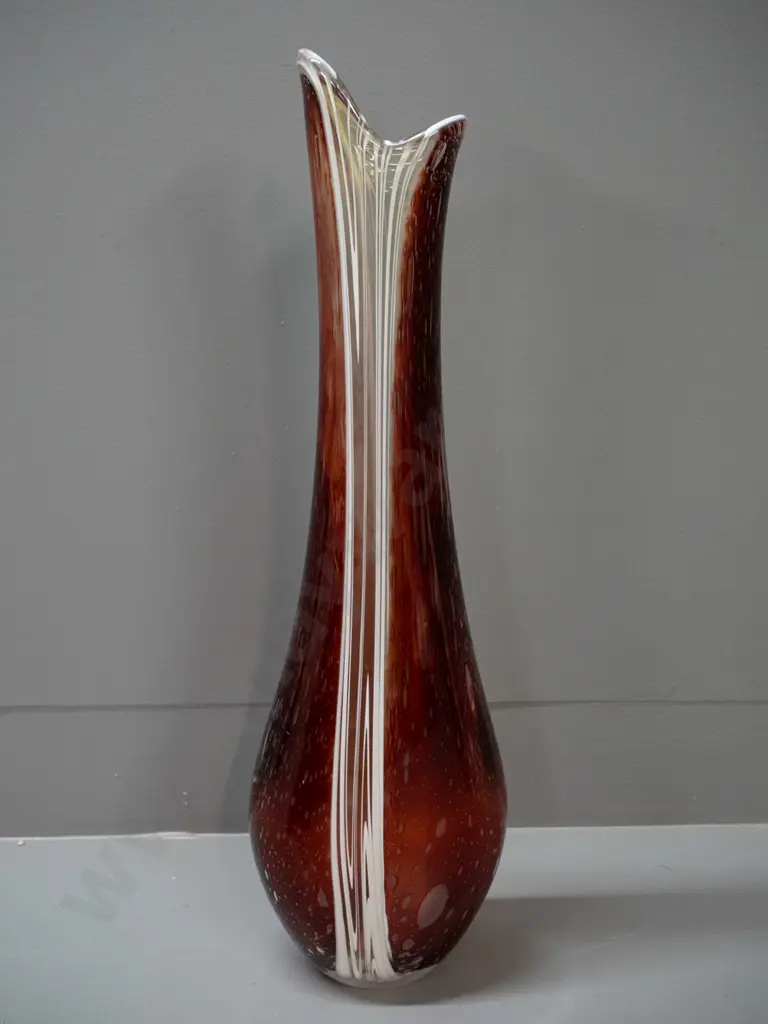 very tall art glass vase - bubbled orange with white & clear stripe - etched "JJC 14" mark on base H-560 W-160 at widest Image 1++