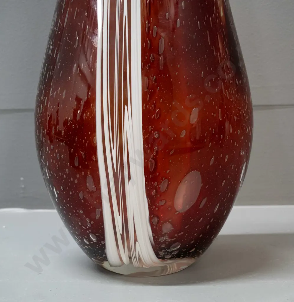 very tall art glass vase - bubbled orange with white & clear stripe - etched "JJC 14" mark on base H-560 W-160 at widest Image 1++