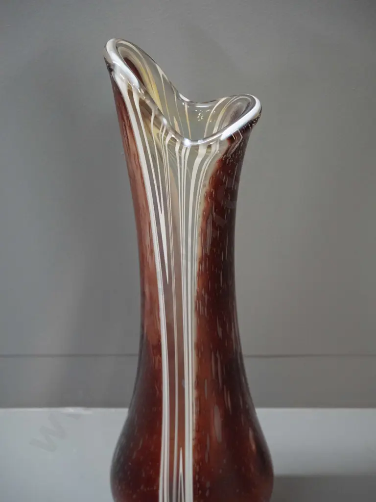 very tall art glass vase - bubbled orange with white & clear stripe - etched "JJC 14" mark on base H-560 W-160 at widest Image 1++