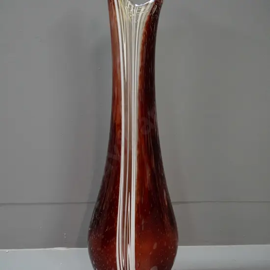 very tall art glass vase - bubbled orange with white & clear stripe - etched "JJC 14" mark on base H-560 W-160 at widest