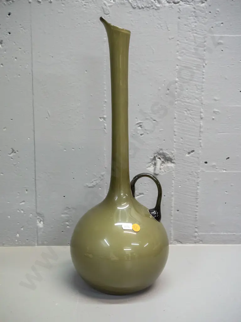 art glass jug vase - olive green over white inner, dark green handle H-470 D-170 Image 1++