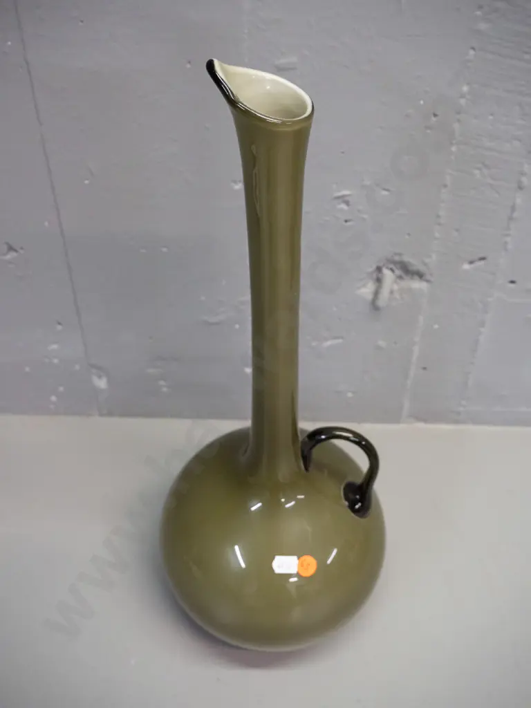 art glass jug vase - olive green over white inner, dark green handle H-470 D-170 Image 1++