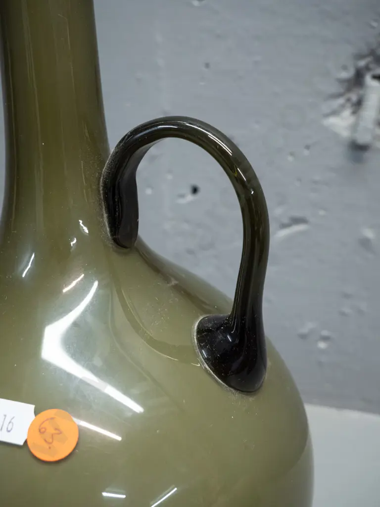 art glass jug vase - olive green over white inner, dark green handle H-470 D-170 Image 1++