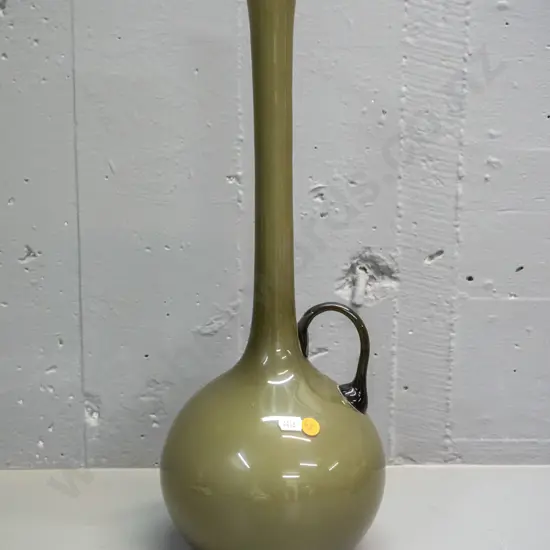 art glass jug vase - olive green over white inner, dark green handle H-470 D-170