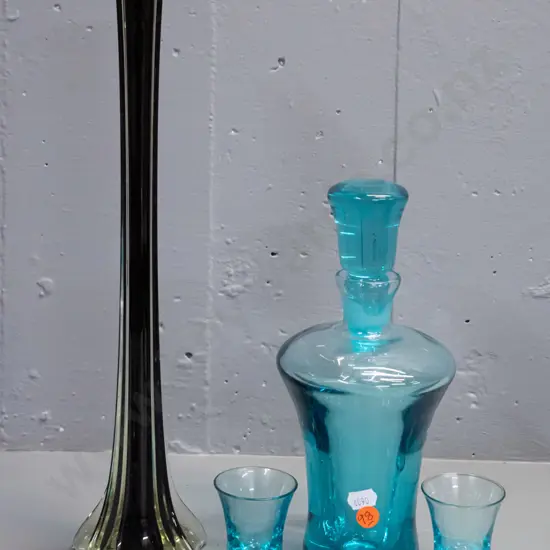 art glass aqua blue heavy-base decanter with 2 liqueur glasses and a retro tall tapered green / black vase H-400