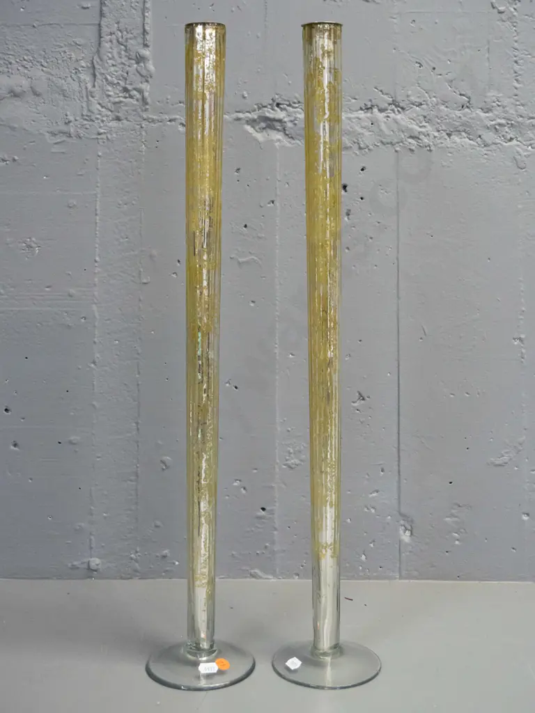 pair of tall glass candle holders with interior mottled silver and gold decoration H-625 Image 1++