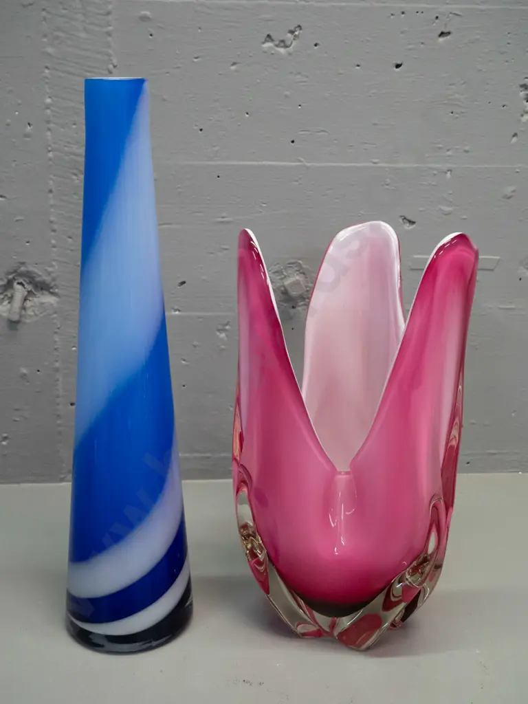 2 large art glass vases - tapered blue and white swirl H-380 & a pink over white lined, has a few tiny chips around base Image 1++