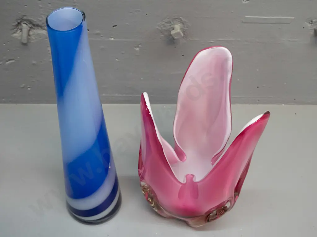 2 large art glass vases - tapered blue and white swirl H-380 & a pink over white lined, has a few tiny chips around base Image 1++
