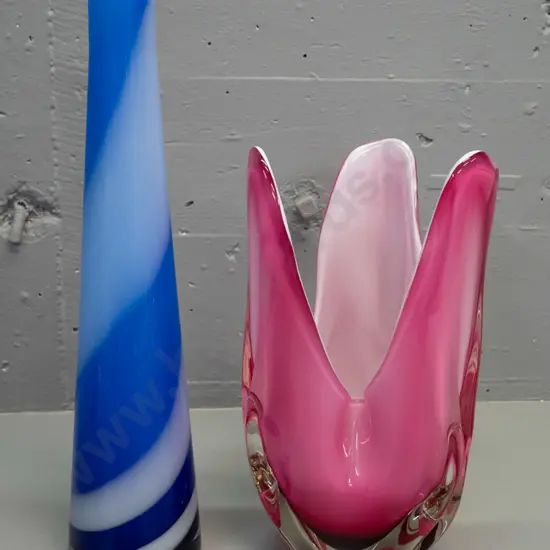 2 large art glass vases - tapered blue and white swirl H-380 & a pink over white lined, has a few tiny chips around base