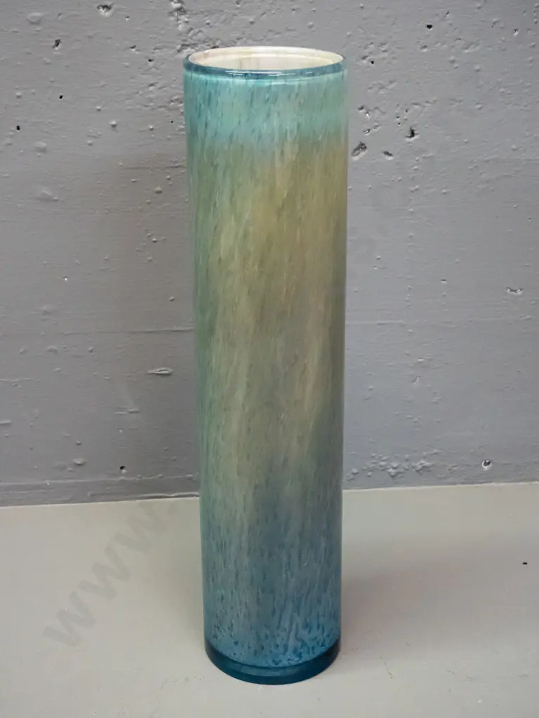 cylindrical art glass glass vase - blue-green tones & bubble inclusions, recycled glass by Dean Flowers. Small shallow Image 1++