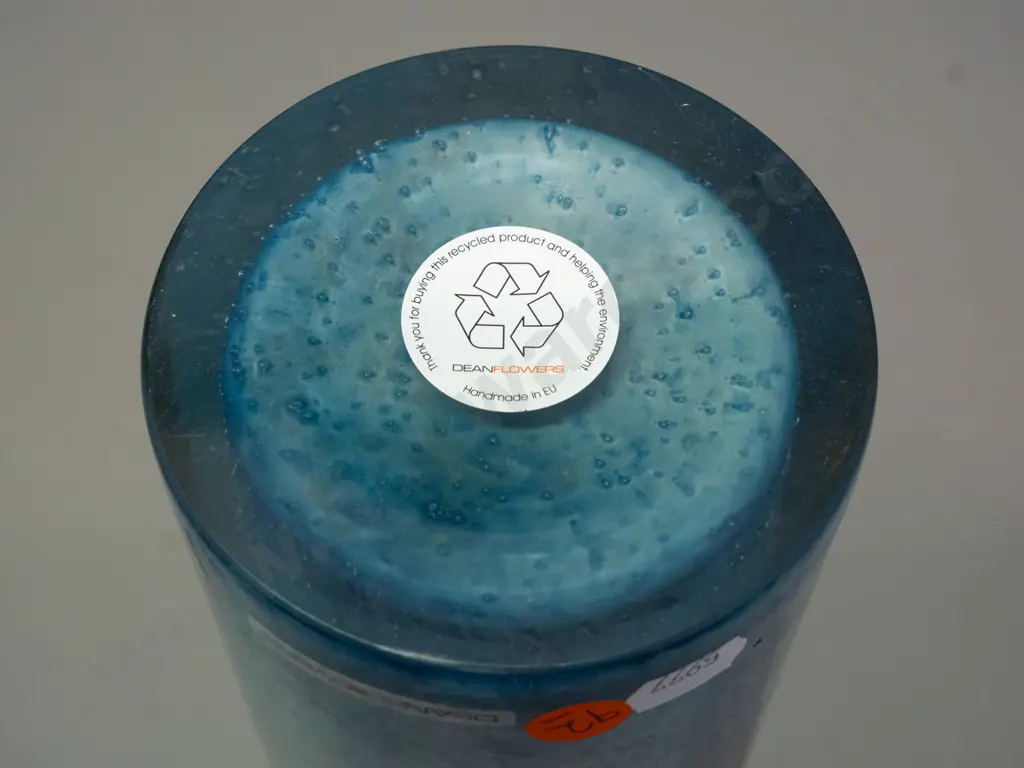 cylindrical art glass glass vase - blue-green tones & bubble inclusions, recycled glass by Dean Flowers. Small shallow Image 1++