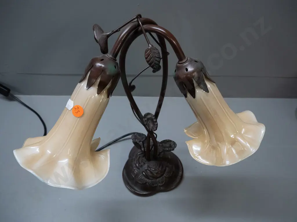reproduction Tiffany style table lamp with 2 trumpet flower shaped glass shades and cast metal base H-440 W-340 Image 1++