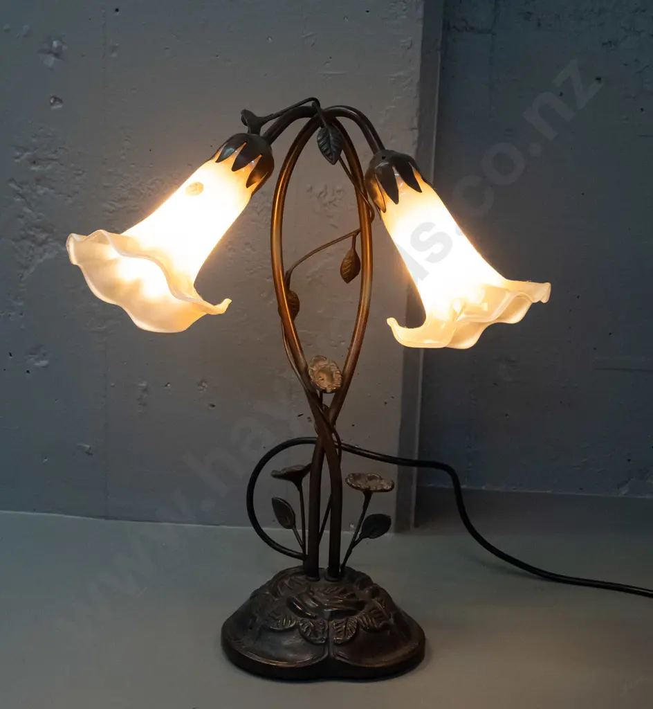 reproduction Tiffany style table lamp with 2 trumpet flower shaped glass shades and cast metal base H-440 W-340 Image 1++