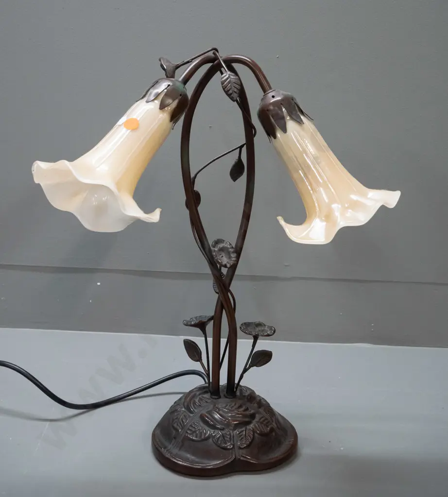 reproduction Tiffany style table lamp with 2 trumpet flower shaped glass shades and cast metal base H-440 W-340 Image 1++
