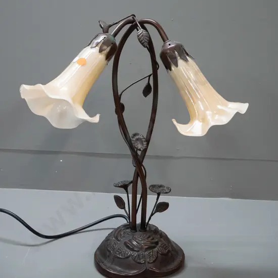 reproduction Tiffany style table lamp with 2 trumpet flower shaped glass shades and cast metal base H-440 W-340