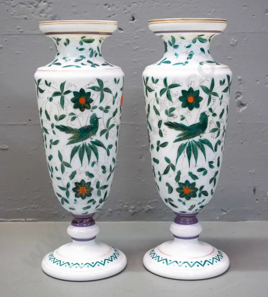 pair of vintage milk glass hand-painted bird design vases H-310 D-110 Image 1++