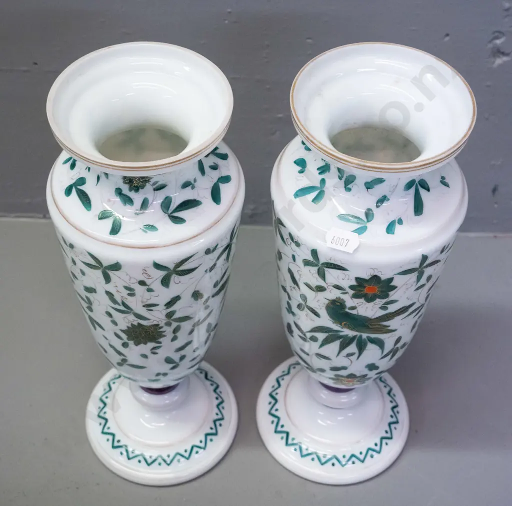 pair of vintage milk glass hand-painted bird design vases H-310 D-110 Image 1++