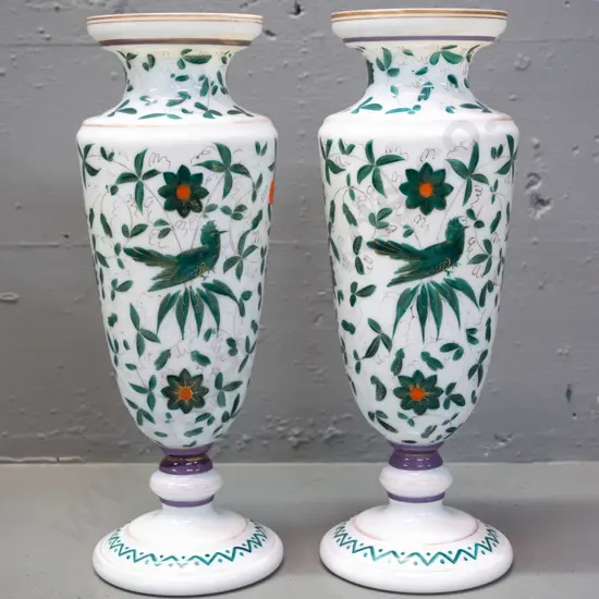 pair of vintage milk glass hand-painted bird design vases H-310 D-110