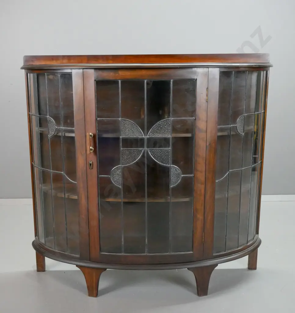 vintage beech and rimu bow-front leadlight display cabinet with cupboard door - dent and ring stain to top surface, Image 1++
