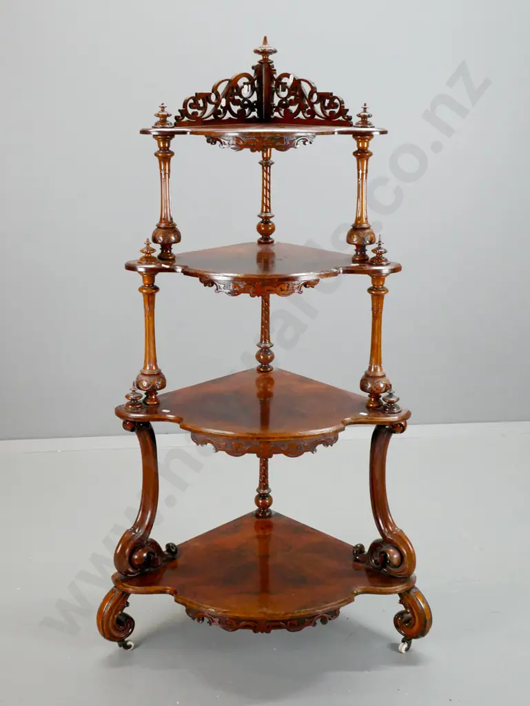 Victorian walnut 4-tier corner whatnot with shaped fronts, carved & pierced top gallery, turned and carved finials, Image 1++