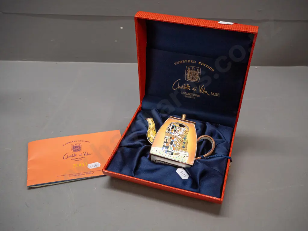 Charlotte Di Vita Collection Gustav Klimt-style cloisonne teapot in fitted hard case with booklet and metal hang tag. Image 1++