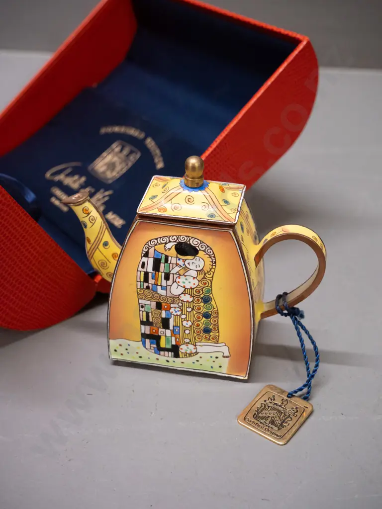 Charlotte Di Vita Collection Gustav Klimt-style cloisonne teapot in fitted hard case with booklet and metal hang tag. Image 1++