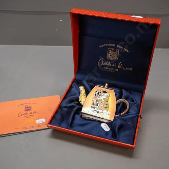 Charlotte Di Vita Collection Gustav Klimt-style cloisonne teapot in fitted hard case with booklet and metal hang tag.