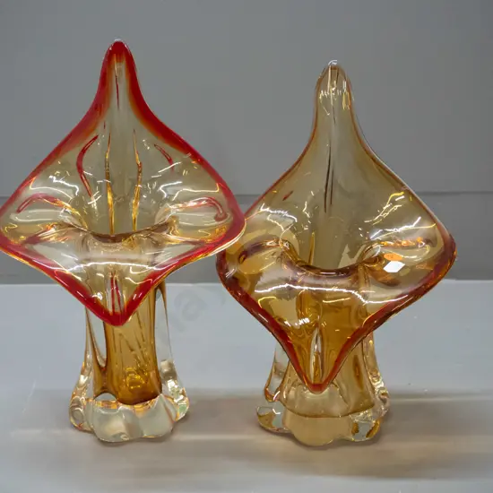 pair of art glass jack in the pulpit shape vases - lustre amber glass, slightly difference sizes - taller is H-300 W-190