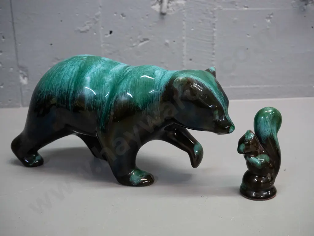 2 pieces Blue Mountain teal pottery - bear H-140 L-280 and small squirrel Image 1++