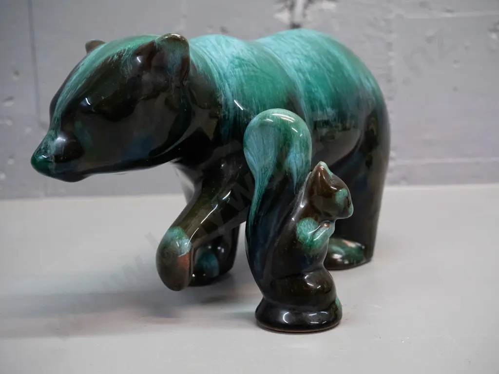 2 pieces Blue Mountain teal pottery - bear H-140 L-280 and small squirrel Image 1++