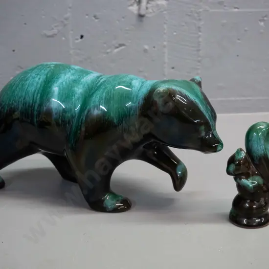 2 pieces Blue Mountain teal pottery - bear H-140 L-280 and small squirrel