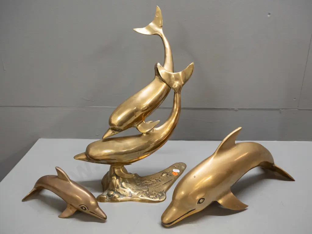 3 brass dolphin figures - taller has 2 leaping dolphins on base H-400 W-250. Minor scratches & discolouration. Image 1++