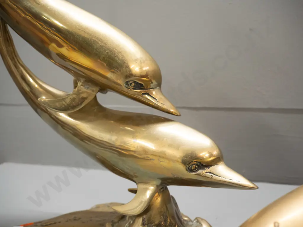 3 brass dolphin figures - taller has 2 leaping dolphins on base H-400 W-250. Minor scratches & discolouration. Image 1++