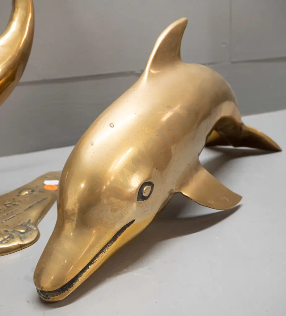 3 brass dolphin figures - taller has 2 leaping dolphins on base H-400 W-250. Minor scratches & discolouration. Image 1++