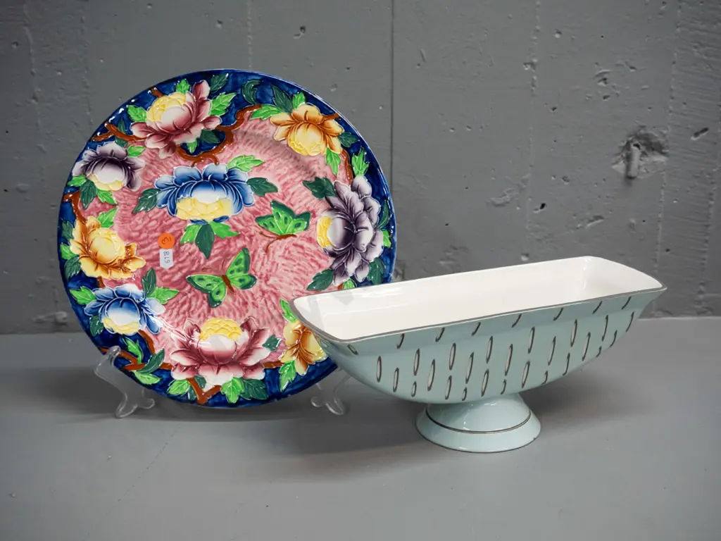 Beswick round footed flower trough and a Maling relief floral and butterfly plate. Vase has small chip to base and small Image 1++