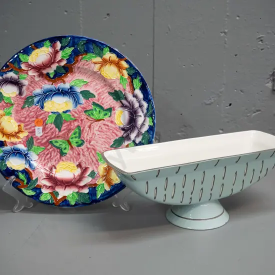 Beswick round footed flower trough and a Maling relief floral and butterfly plate. Vase has small chip to base and small