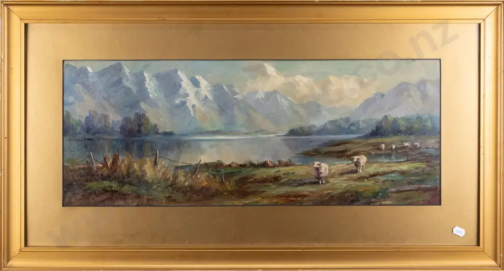 A.R. Lothian 1920 - gilt framed oil on board - sheep, lake and mountain scene H-215 W-550 Image 1++