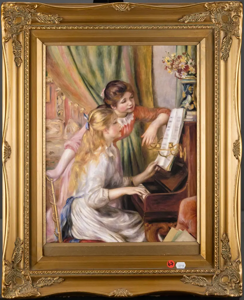 gilt framed oil - girls playing piano H-360 W-270 Image 1++