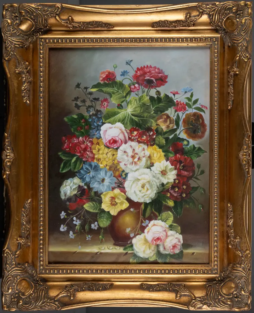 gilt framed oil - still life flowers H-390 W-290 Image 1++