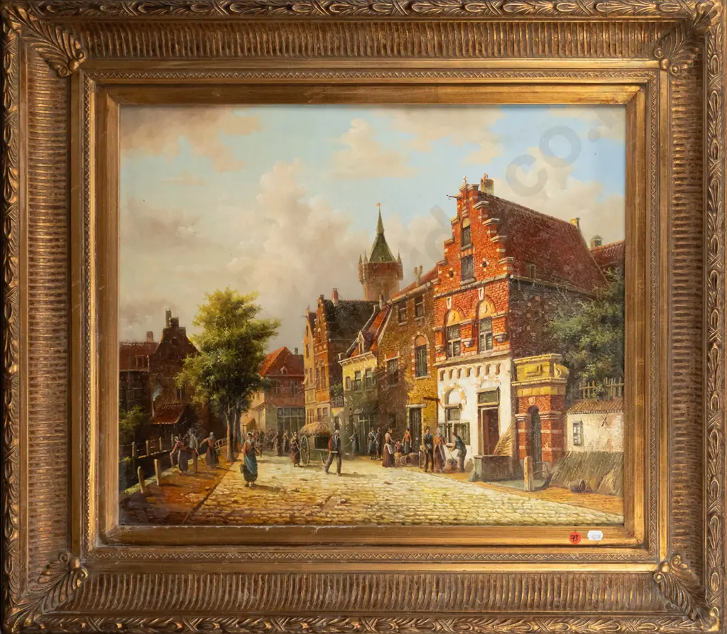 ornate gilt framed oil on board - village scene H-490 W-590 Image 1++