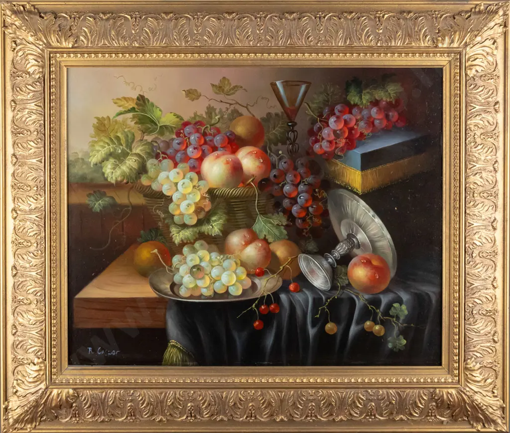 R Casper - ornate gilt framed oil on board - still life fruit Overall H-580 W-680 Image 1++