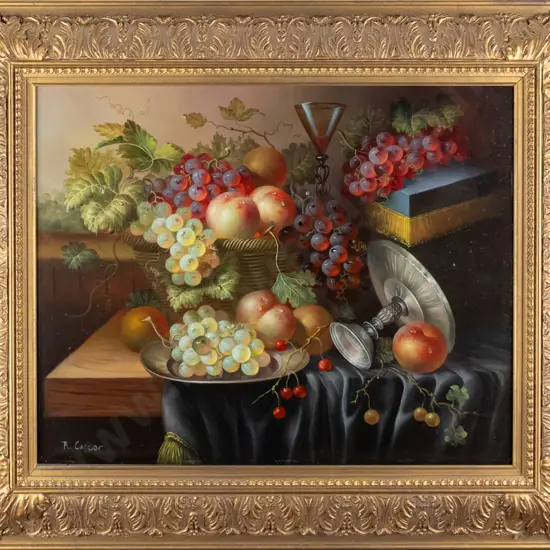 R Casper - ornate gilt framed oil on board - still life fruit Overall H-580 W-680