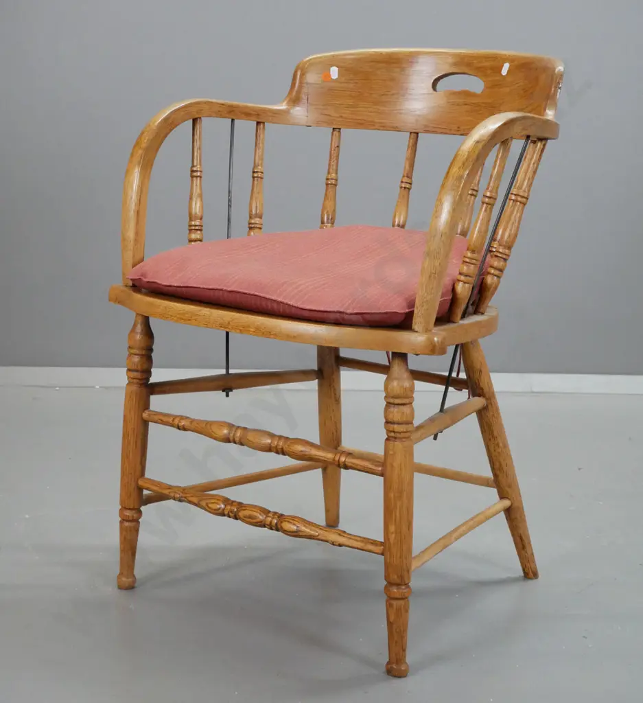 vintage oak Douglas chair with cutout hand hold, turned spindles, cane mat seat, on stretcher base, with loose seat Image 1++