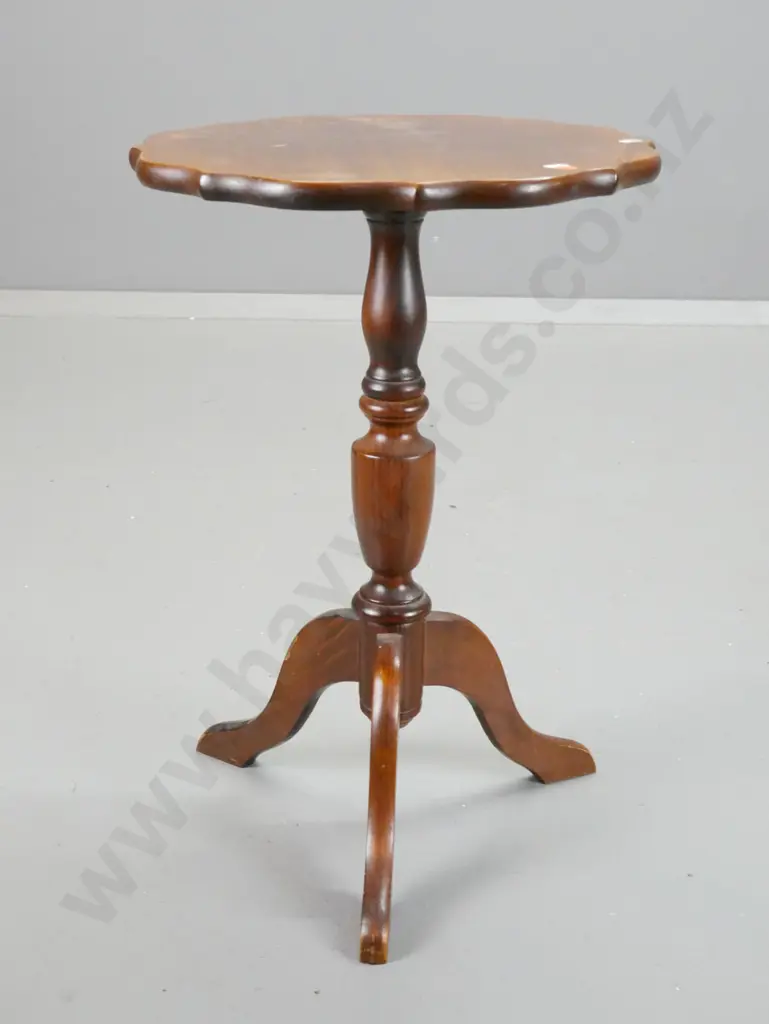 reproduction mahogany topped and pine column base wine table with 3 sweeping legs - loose top & split to top of stem, Image 1++